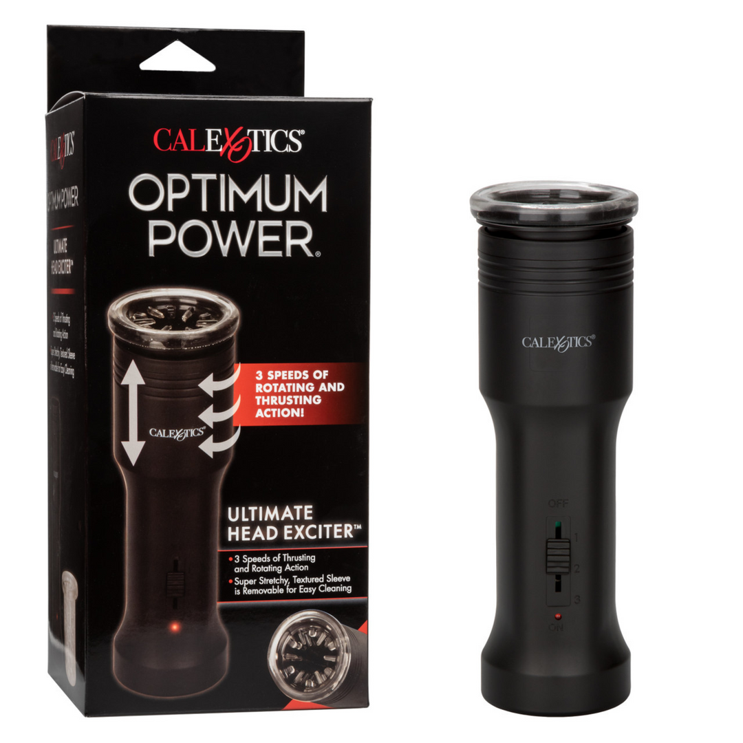 Optimum Power Ultimate Head Exciter Rotating Vibrating Masturbator image showing the item and the product packaging