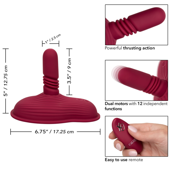 Dual Rider Rechargeable Silicone Remote Control Thrust & Grind Massager - Red image showing the sizing of the product and a close up of the thrusting action.