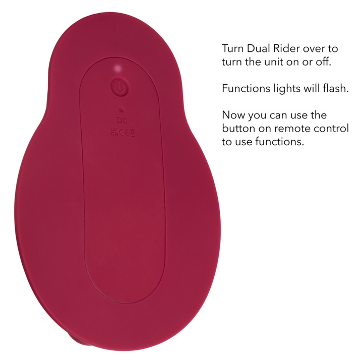 Dual Rider Rechargeable Silicone Remote Control Thrust & Grind Massager - Red showing the bottom of the product where you can locate the power button to turn the toy on and off.