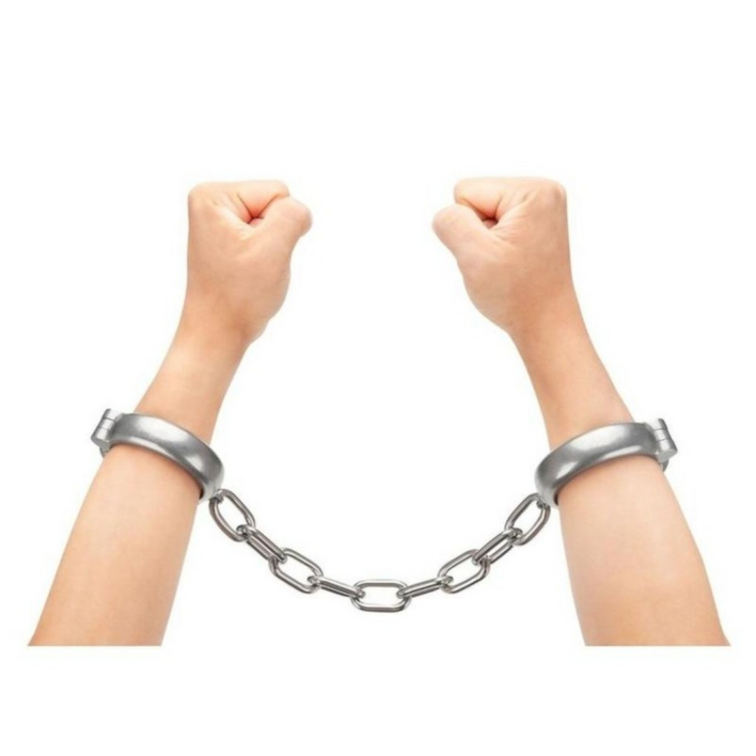Prowler RED Heavy Duty Metal Handcuffs - Stainless Steel image of cuffs on wrists