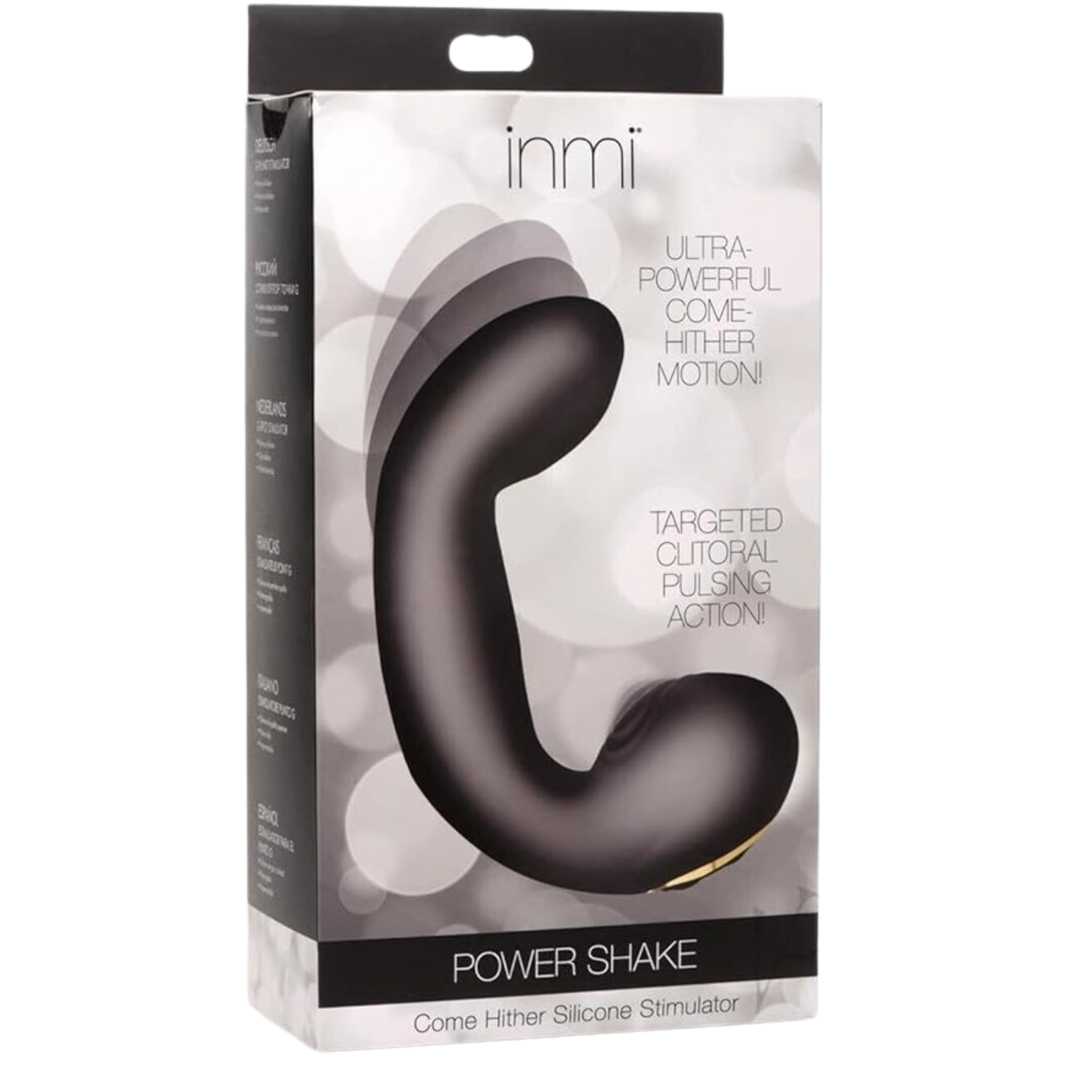 Inmi Power Shake Come Hither Rechargeable Silicone Stimulator product packaging. 