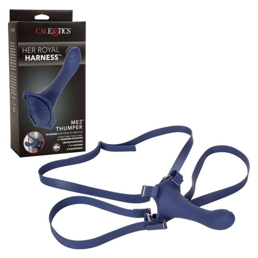 Her Royal Harness ME2 Thumper Strap-On with Silicone Rechargeable Dildo product and product packaging.