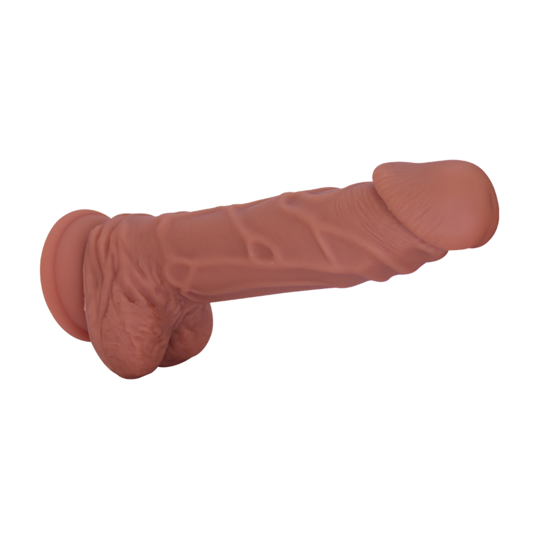 Erotic Brown Suction Cup Dildo With Balls side view showing the dildo's texture