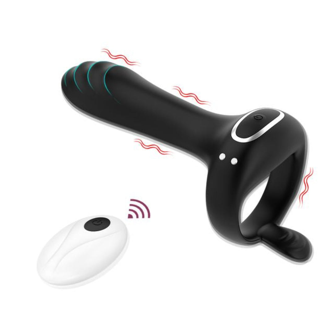 side view of black vibrating couple's cock ring with remote