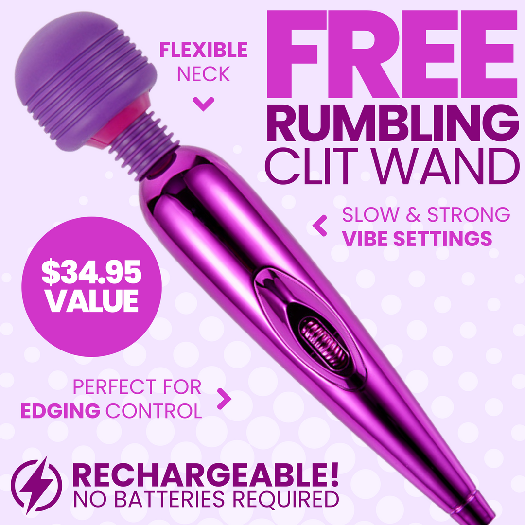 FREE rumbling clit wand! Rechargeable (no batteries required). Perfect for edging control, slow & strong vibration settings, flexible neck. $34.95 value