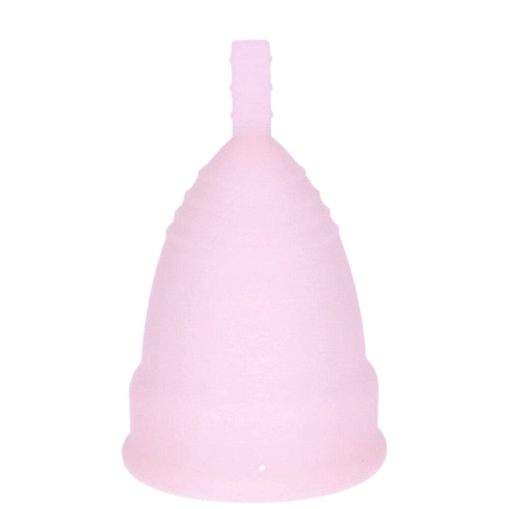Front view of pink large silicone menstrual cup.
