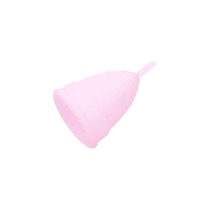Bird's eye view of small pink silicone menstrual cup.