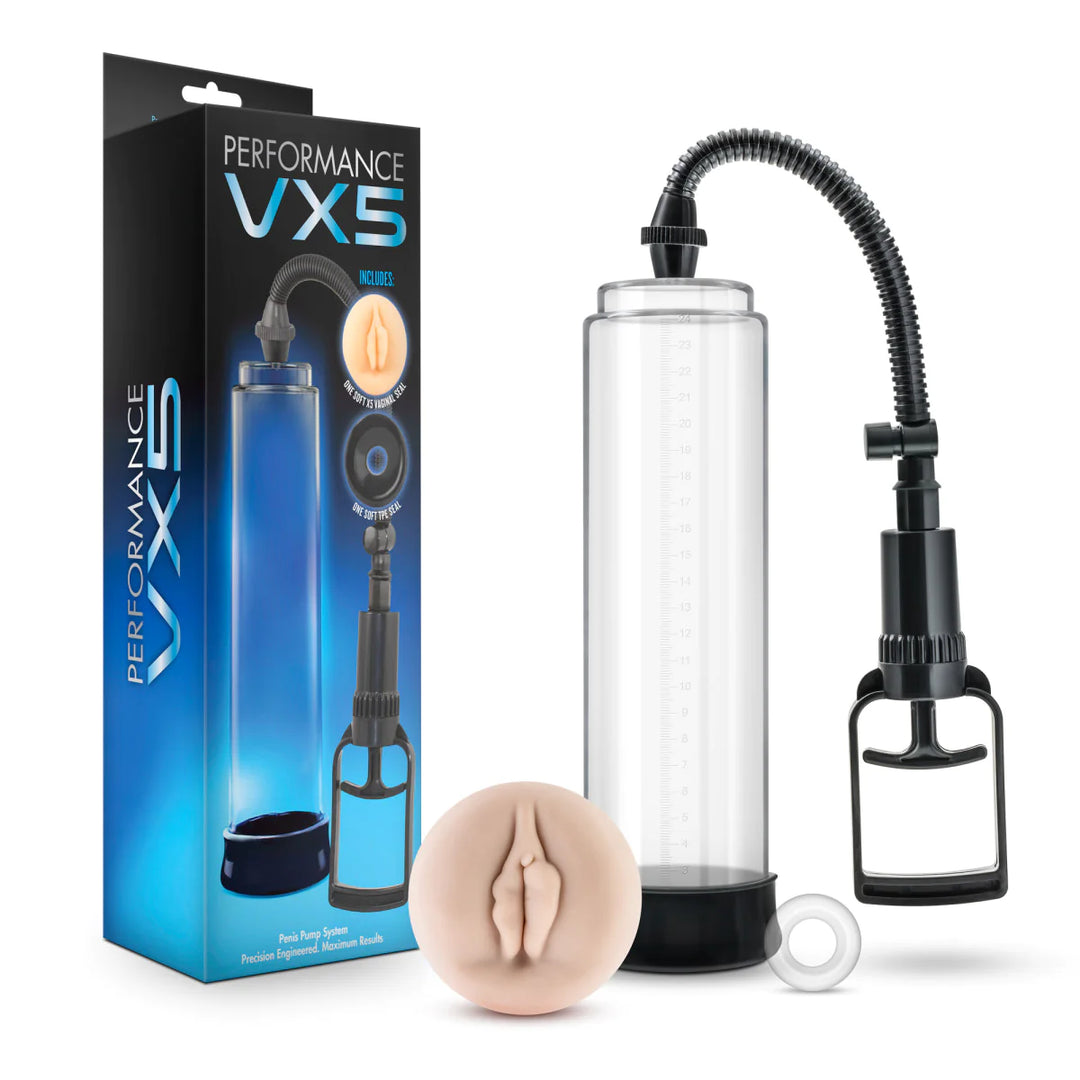 Performance VX5 Male Enhancement Penis Pump System image of box, pump, sleeve and cock ring.