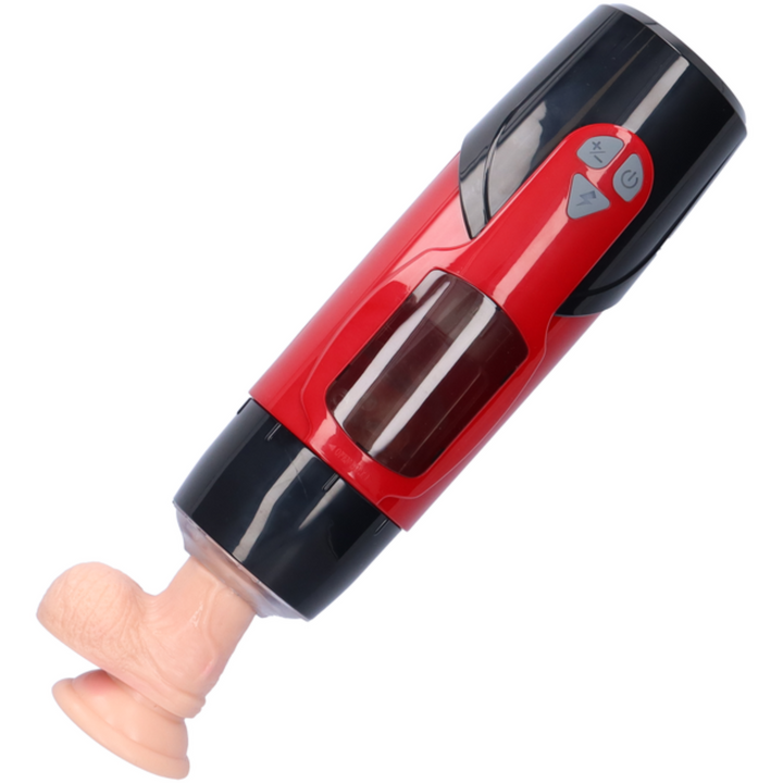 Front view red and black male masturbator with dildo