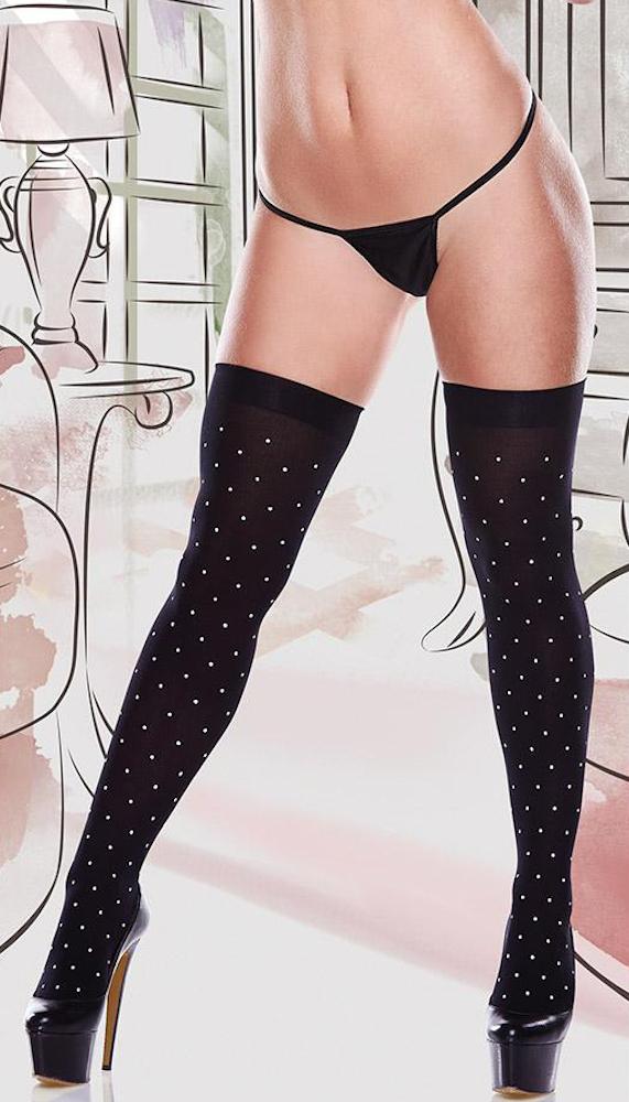 Black Opaque Polka Dot Stockings with Bow - Lingerie