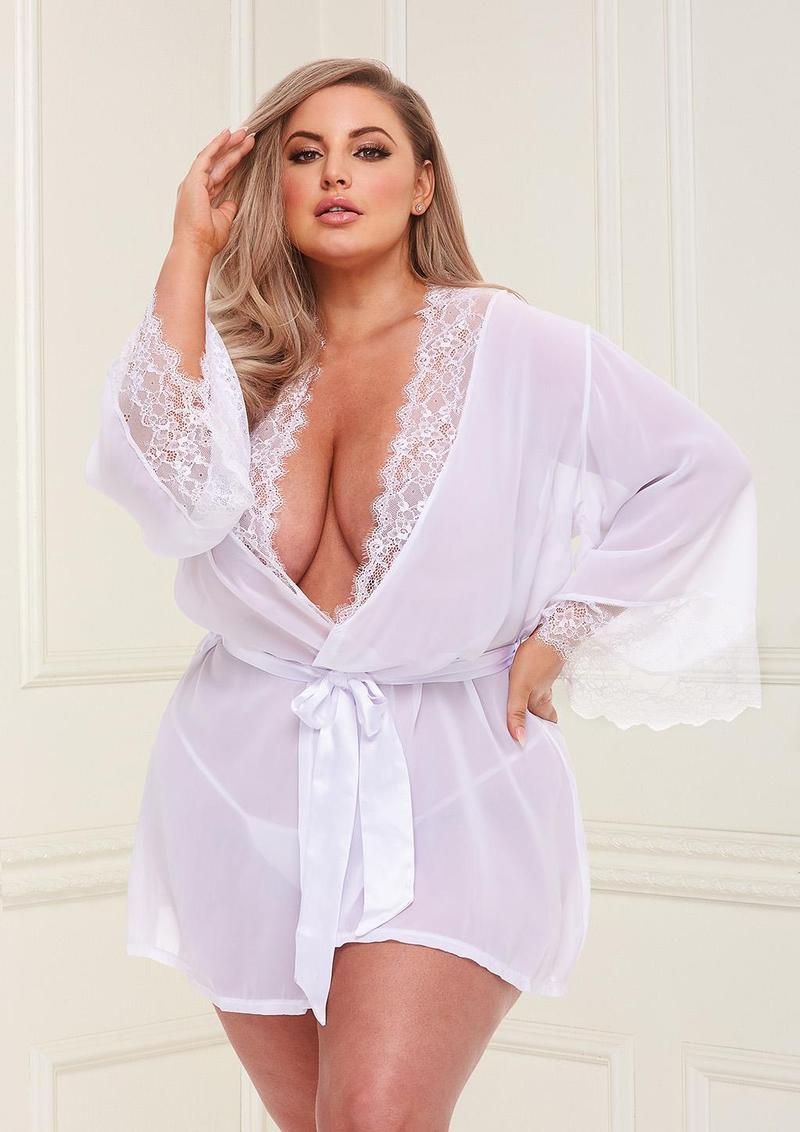 Image displays a model wearing a sheer chiffon & lace robe in  the white queen size option.