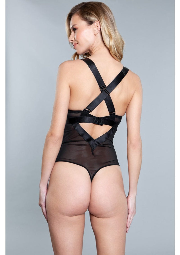 1 Piece. Mesh and faux leather teddy cross-back adjustable straps with gold pin buckles. facing back