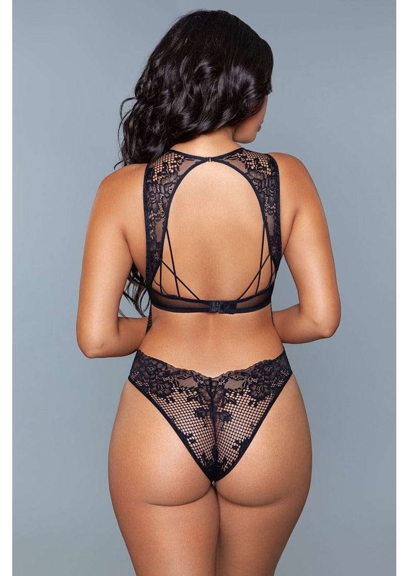 1 piece. Unlined lace and mesh body underwire for support cheeky bum coverage high neck cut-out front and an open back with strappy detail back closure facing back