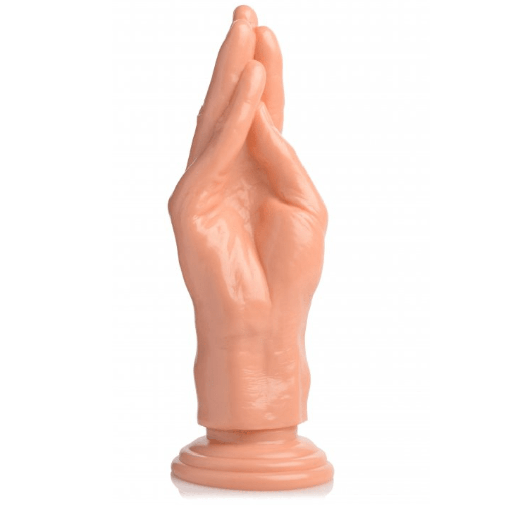 Image of the fisting hand dildo standing upright and from the front.