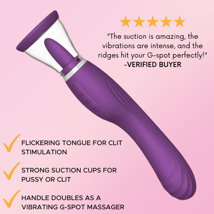 Dual-ended G-spot vibe and clit licking and sucking tongue!