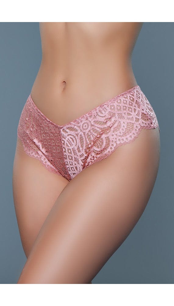Side view of pink mid-rise lace panties with a brief cut.