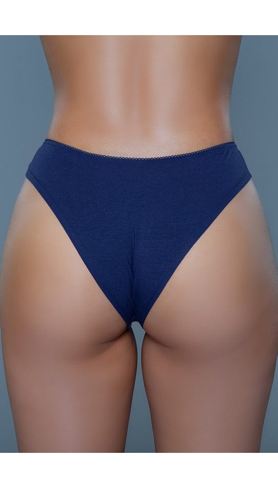 Back view of navy low-rise jersey briefs with picot trim and bow detail at waist.