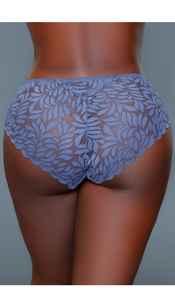 Back view of periwinkle mid-rise hipster panties with an all over lace design and a scalloped hem.