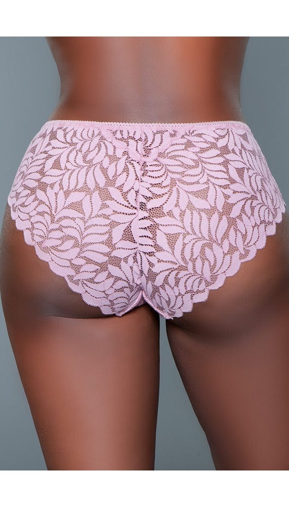 Back view of pink mid-rise hipster panties with an all over lace design and a scalloped hem.