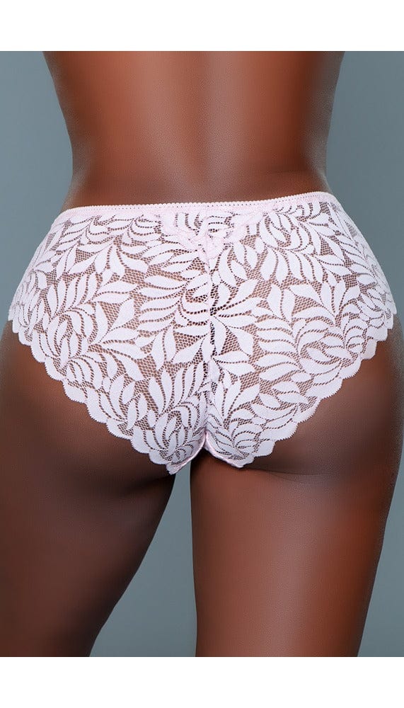Back view of light pink mid-rise hipster panties with an all over lace design and a scalloped hem.