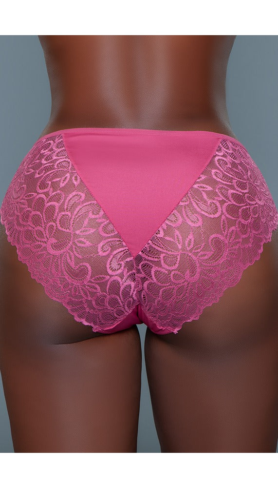 Back view of raspberry high-rise briefs with a lace floral design and a triangle of solid colored fabric coming down from the waist.