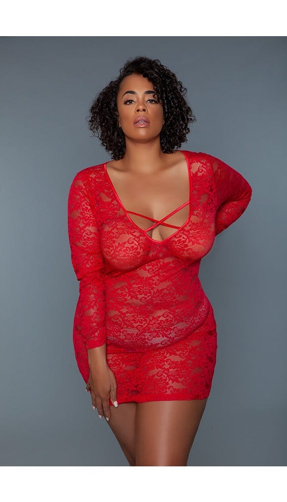 Red sheer lace chemise with v-neck.