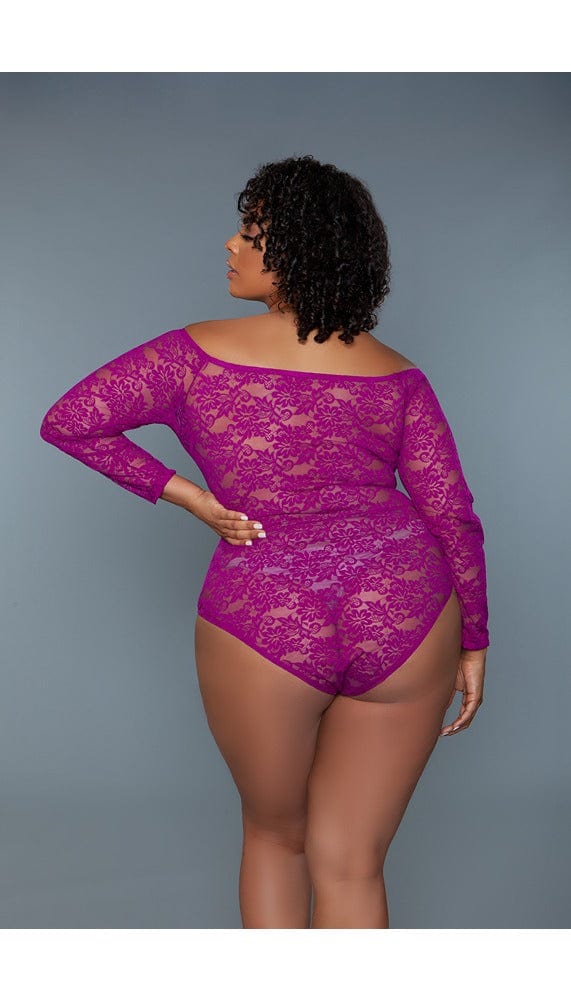 Back view of magenta bodysuit with a scoop neck.