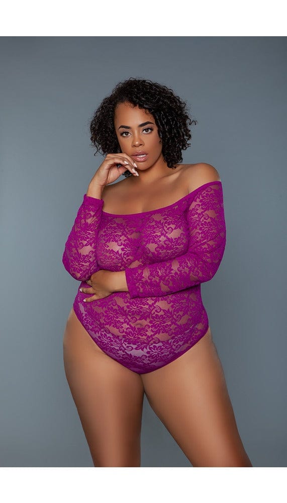 Magenta lace bodysuit with a scoop neck.