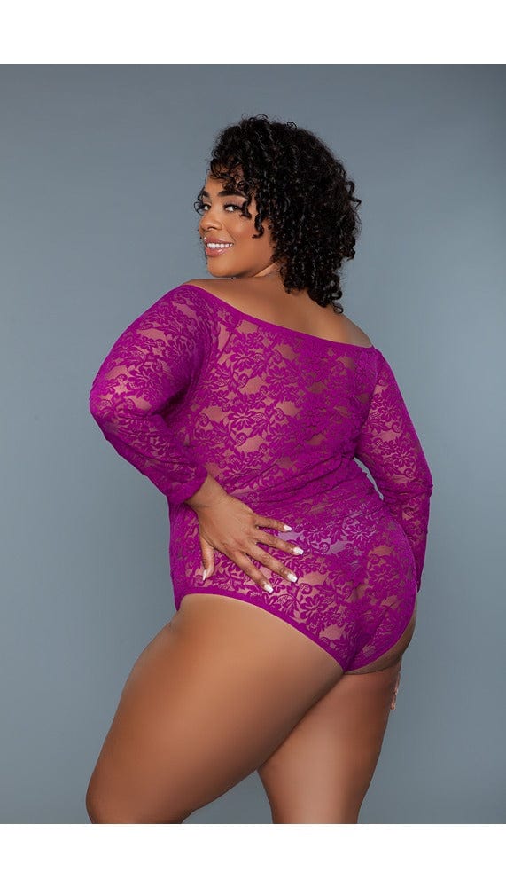 Side/back view of magenta bodysuit with long sleeves.