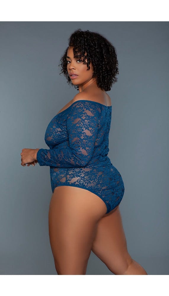 Side view of navy lace bodysuit with long sleeves.