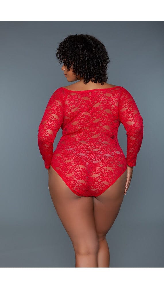 Back view of red lace bodysuit.