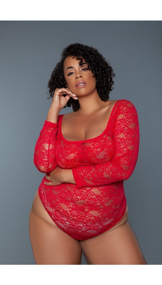 Red lace bodysuit with a scoop neck.