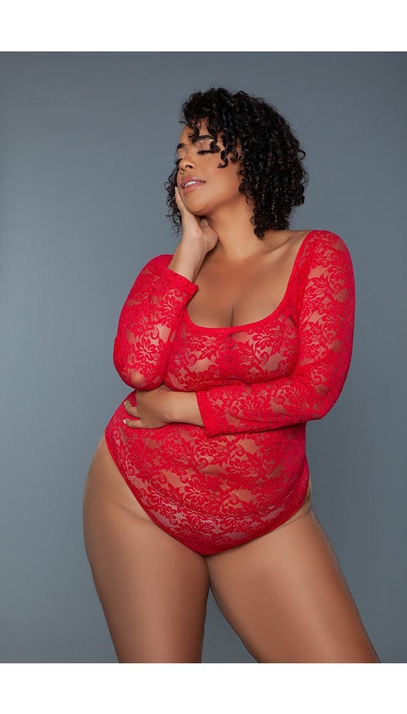 Red lace bodysuit with long sleeves.