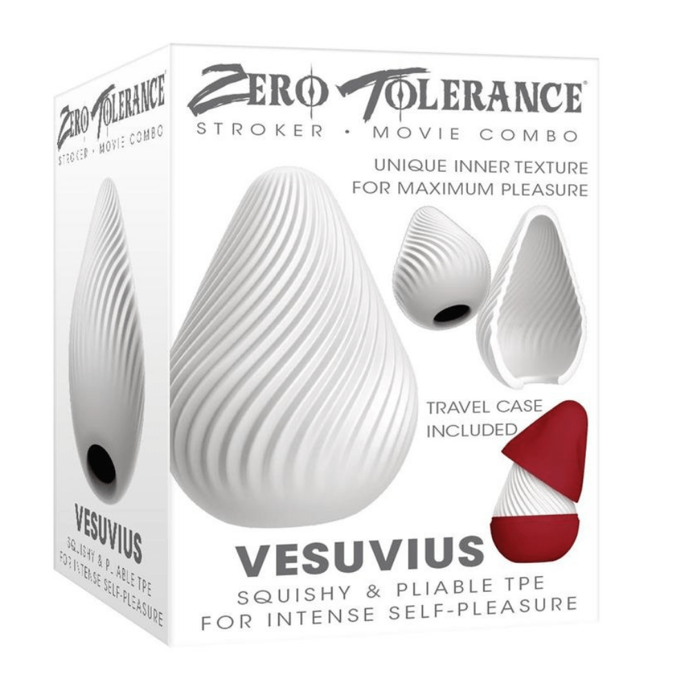 Image of the product packaging. Packaging reads: Zero Tolerance. Stroker. Movie Combo. Unique inner texture for maximum pleasure. Travel case includes. Vesuvius, Squishy and pliable TPE for intense self-pleasure.