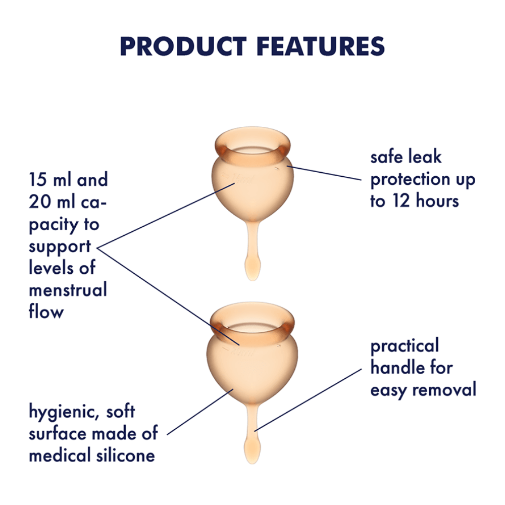 Image of the Satisfyer Feel Good Menstrual Cups showing product features. Text reads 15 mL and 20 mL capacity to support levels of menstrual flow, safe leak protection up to 12 hours, hygienic, soft surface made of medical silicone, practical handle for easy removal.