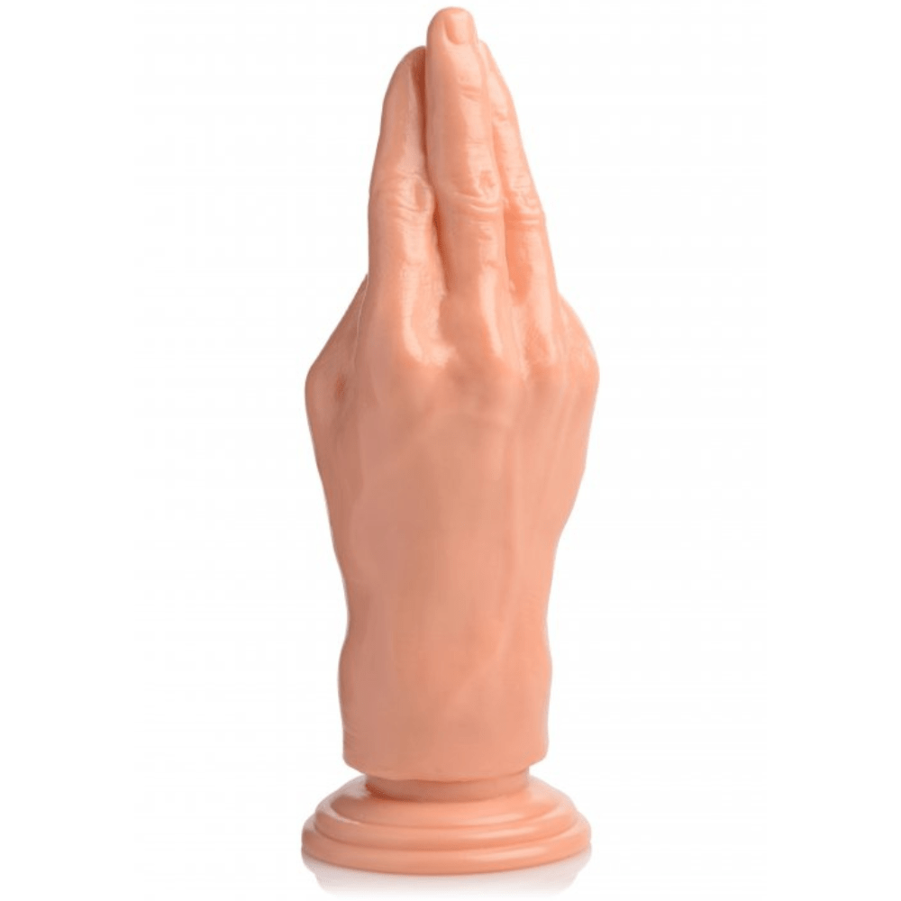Image of the fisting hand dildo standing upright and from the back.