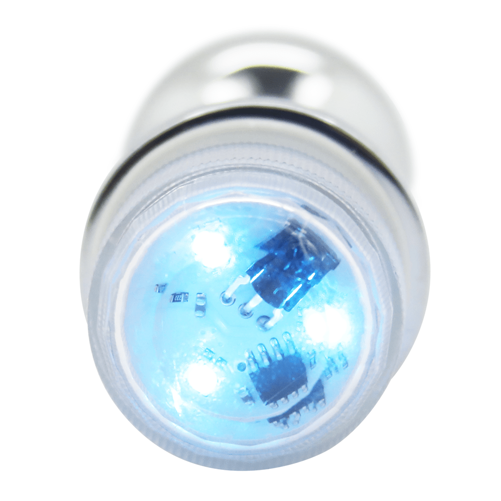 Close-up image of the base of the anal plug, with the blue light turned on.