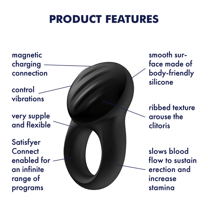 Image showing the product features. The features include - magnetic charging connection, control vibrations, very supple and flexible, Satisfyer Connect enabled for an infinite range of programs, smooth surface made of body-friendly silicone, ribbed texture arouse the clitoris, and slows blood flow to sustain erection and increase stamina.