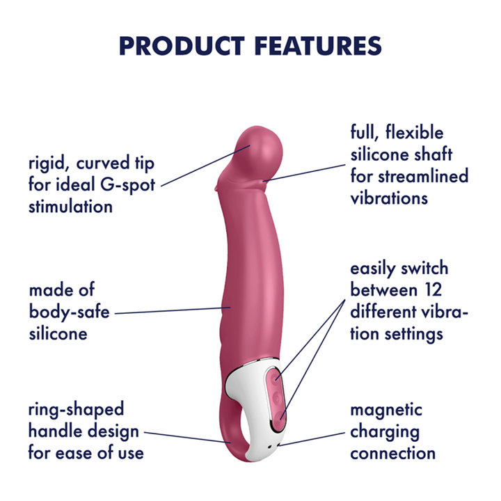 Image of the Satisfyer Hippo G-Spot Vibrator showing product features. Text reads rigid, curved tip for ideal G-spot stimulation, made of body-safe silicone, ring-shaped handle design for ease of use, full, flexible silicone shaft for streamlined vibrations, easily switch between 12 different vibration settings, magnetic charging connection.