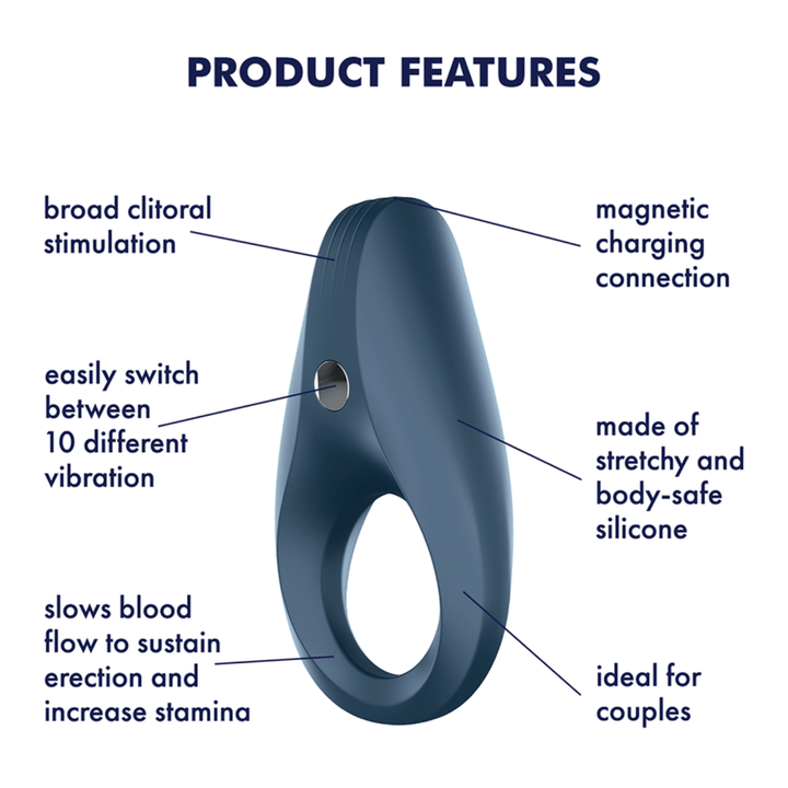 Image showing the product features. Features include - broad clitoral stimulation, easily switch between 10 different vibrations, slows blood flow to sustain erection and increase stamina, magnetic charging connection, made of stretchy and body-safe silicone, and ideal for couples.