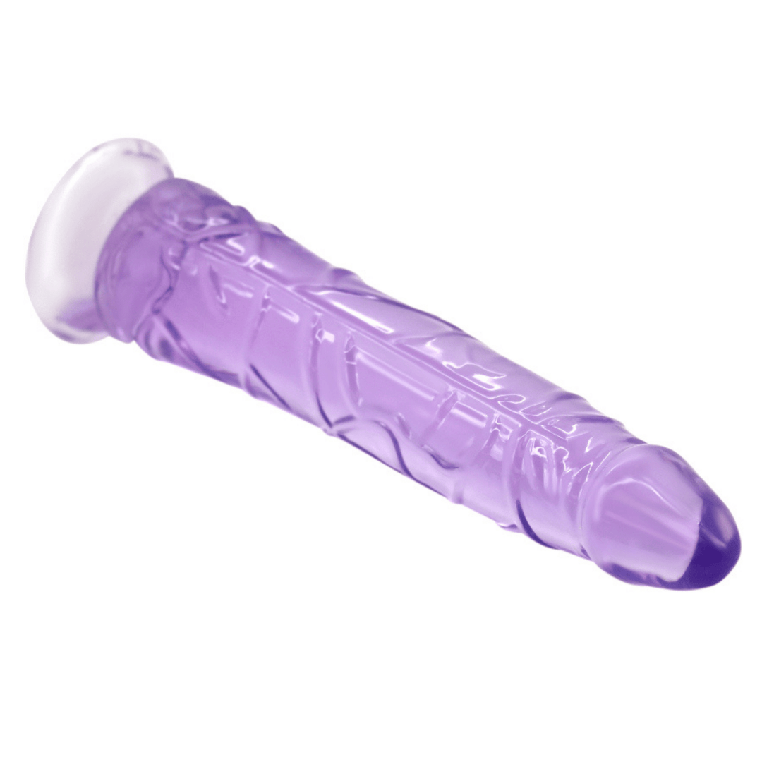 Ultra veined purple translucent jelly dildo showing realistic penis tip