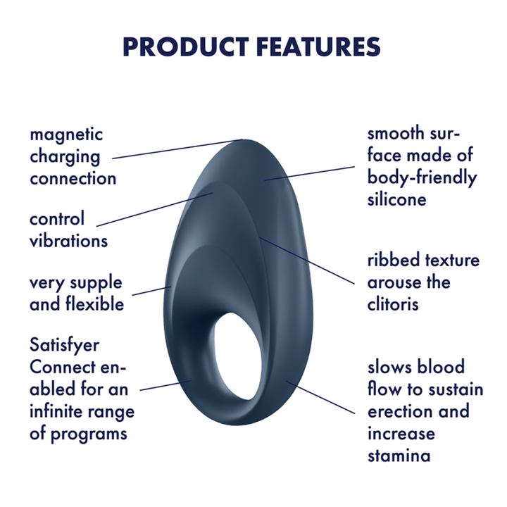 Image of the product features. Features include - Magnetic charging connection, control vibrations, very flexible, Satisfyer Connect enabled for an infinite range of programs, smooth surface made of body-friendly silicone, ribbed texture arouse the clitoris, slows blood flow to sustain erection and increase stamina.