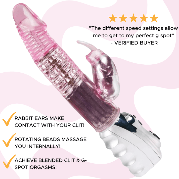 "The different speed settings allow me to get to my perfect g spot" Verified buyer. Rabbit ears make contact with your clit! Rotating beads massage you internally! Achieve blended clit and G-spot orgasms!
