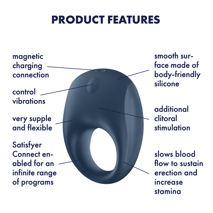 Image showing the product features. Features include - Magnetic charging connection, control vibrations, very supple and flexible, Satisfyer Connect enabled for an infinite range of programs, smooth surface made of body-friendly silicone, additional clitoral stimulation, and slows blood flow to sustain erection and increase stamina.