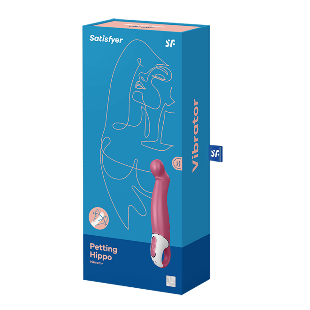 Image of the packaging for the Satisfyer Hippo G-Spot Vibrator. This product comes in a sturdy box suitable for storing this toy.