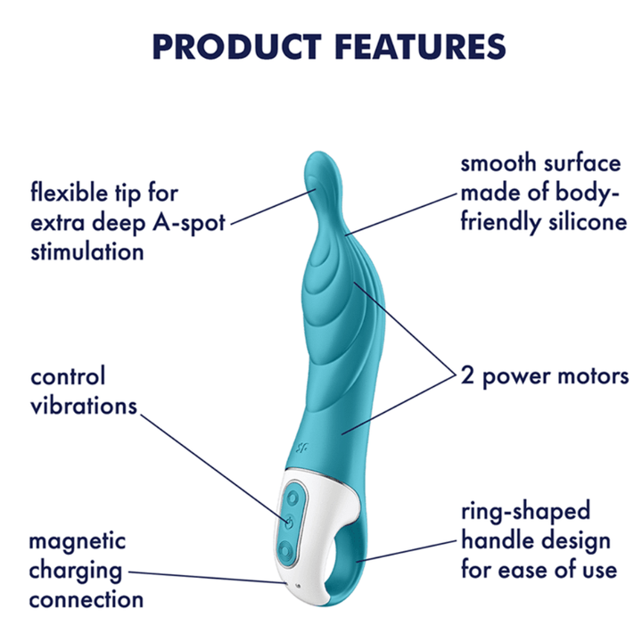 Product features. Flexible tip for extra-deep A-spot stimulation. Control vibrations. Magnetic charging connection. Smooth surface made of body-friendly silicone. 2 power motors. Ring-shaped handle design for ease of use.