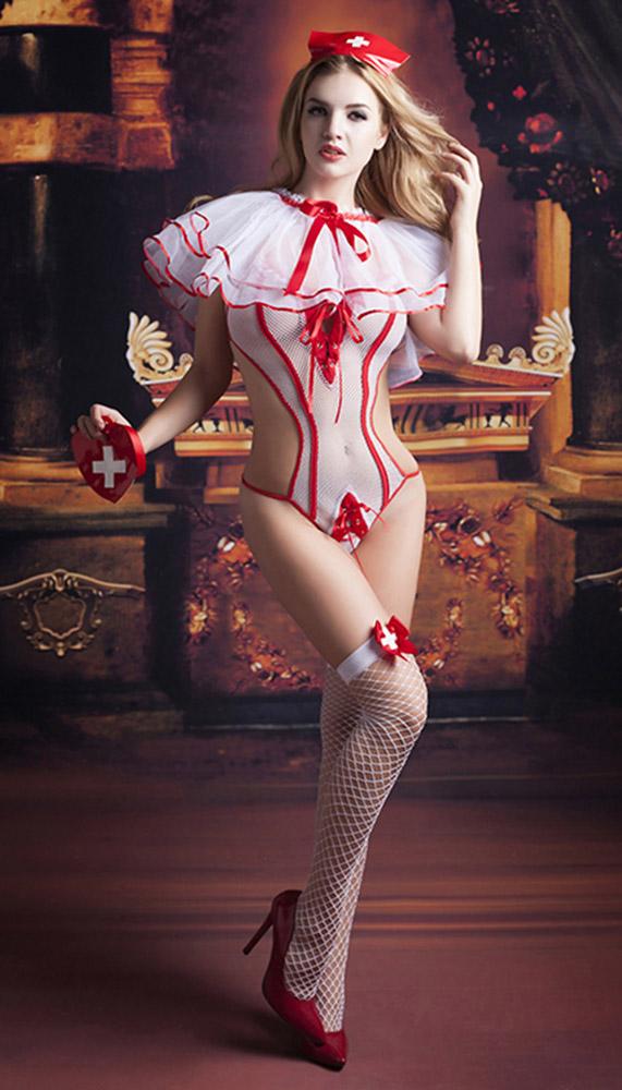 Sheer Bodysuit Nurse Costume with Skirt and Accessories - Lingerie