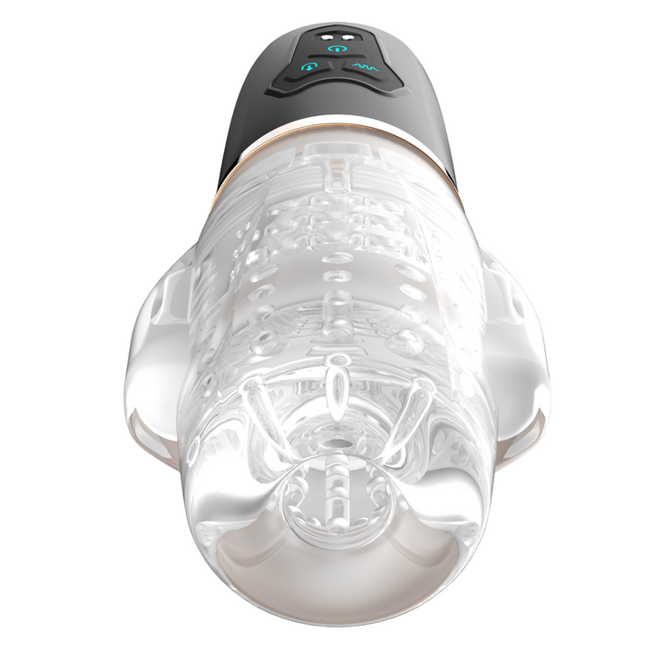 vibrating male masturbator laid with front side up close up straight showing chamber