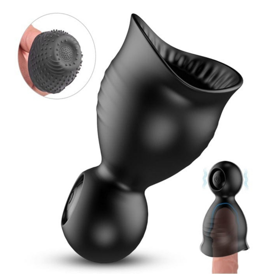 Penis tip massager, showing the interior and modeled on a dildo.