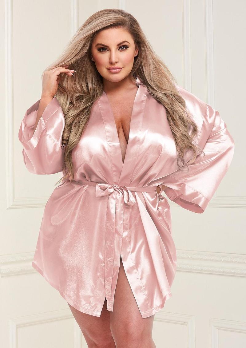 Image of the Satin Robe shown on a plus size model. This sexy satin robe lingerie is available in one size or queen size. 